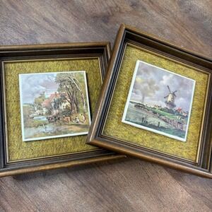 Vintage Framed Dutch‎ Delft Tiles Wall Art Home Decor Landscape Country Cottage